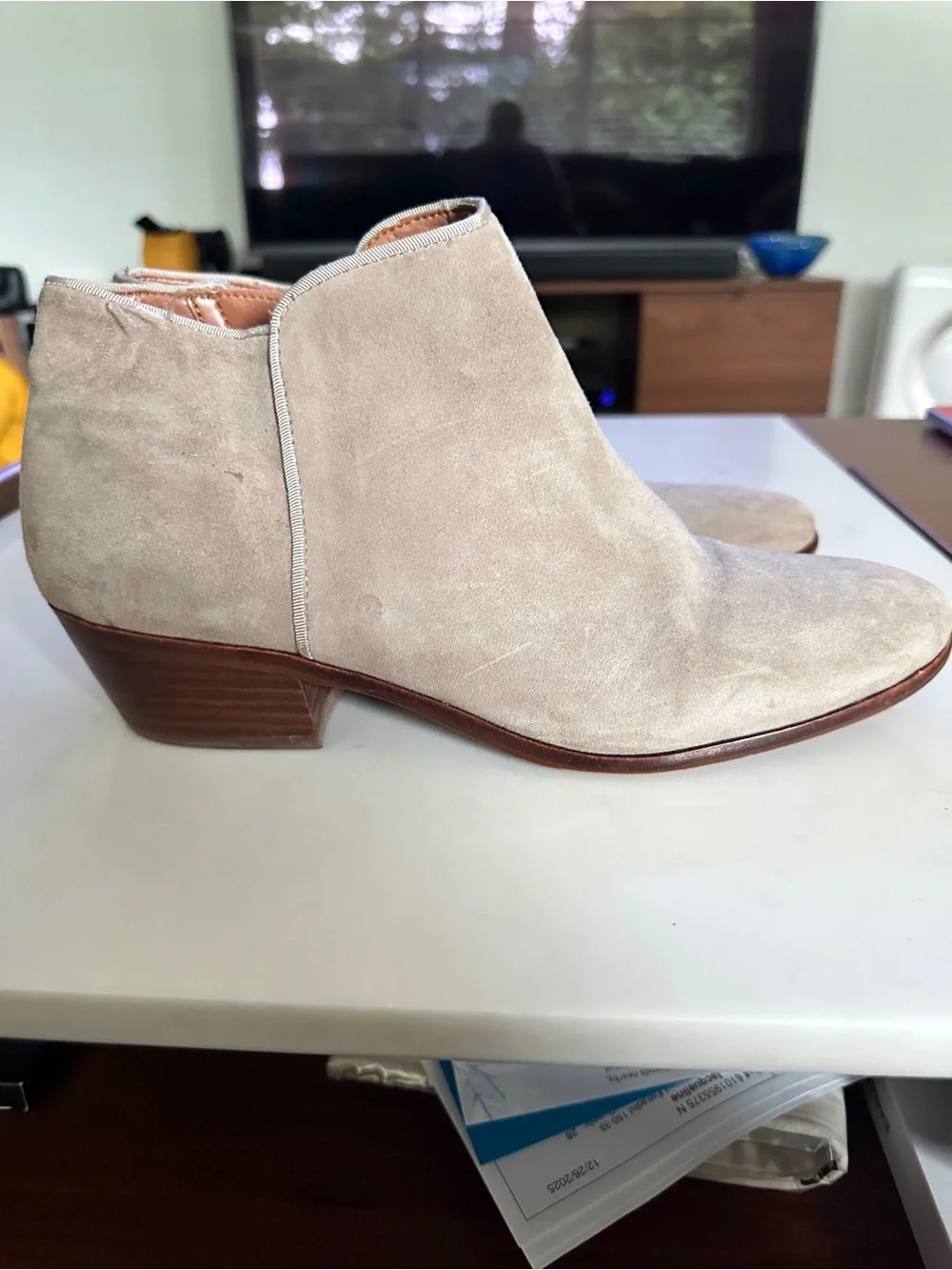 Sam Edelman Beige Suede Ankle Booties with Low Stacked Heel
